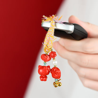 Imperial Red Cinnabar Cat Paw Keychain - Tibetan Woven Style Protection Amulet