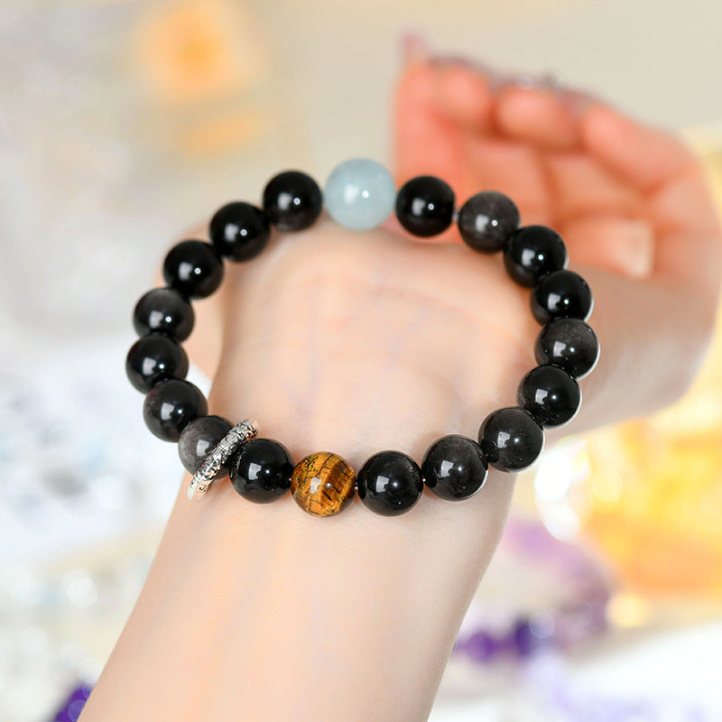 Natural Crystal Silver Obsidian Aquamarine Tiger Eye Bracelet - Women's Mystical Protection & Luck Charm