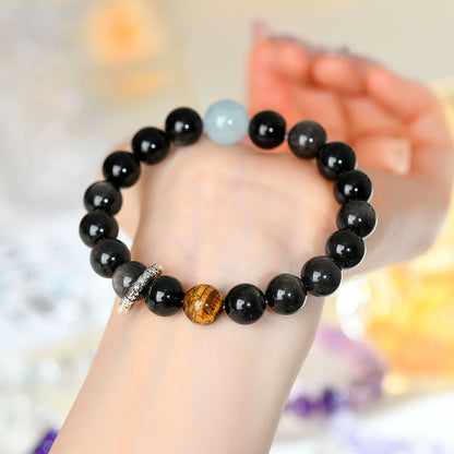 Natural Crystal Silver Obsidian Aquamarine Tiger Eye Bracelet - Women's Mystical Protection & Luck Charm