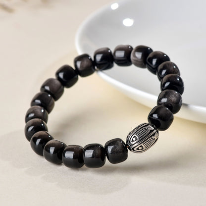 Natural Silver Obsidian Koi Bracelet - Ancient Bead Chinese Style Unisex Protection Amulet