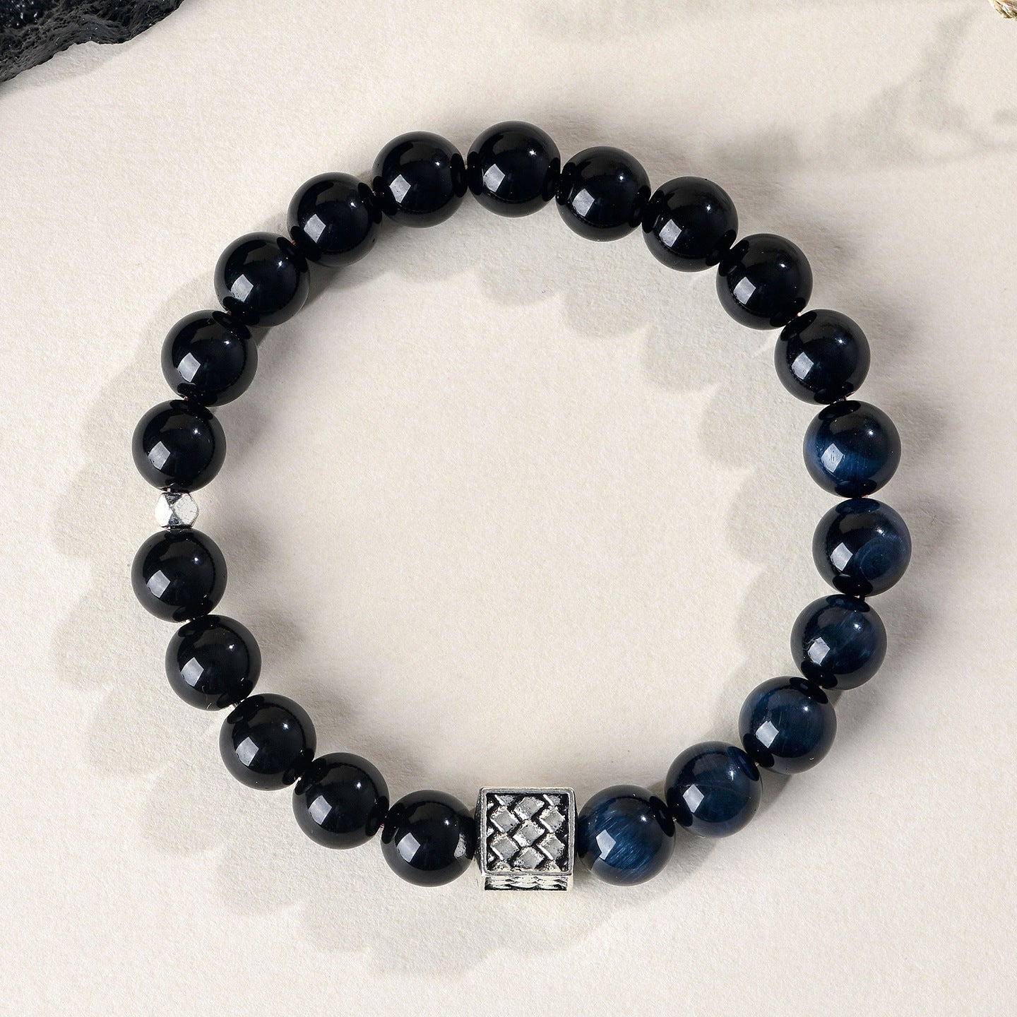 Natural Obsidian Blue Tiger Eye Bracelet | Chinese Style Buddhist Bead for Zodiac Year Protection