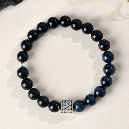 Natural Obsidian Blue Tiger Eye Bracelet | Chinese Style Buddhist Bead for Zodiac Year Protection