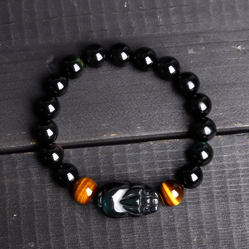 Natural Crystal Obsidian Pixiu Tiger Eye Bracelet - Ethnic Unisex Couple Spiritual Jewelry