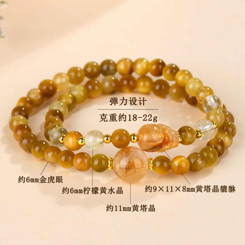 Golden Tiger Eye Pixiu Double Circle Bracelet - Chinese Style Wealth Talisman