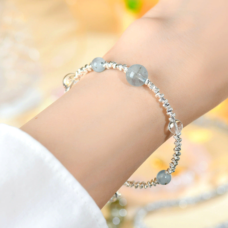 Natural Aquamarine White Crystal Fragment Silver Bracelet | Protection Elegance Women's Spiritual Jewelry