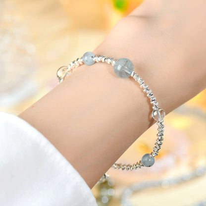 Natural Aquamarine White Crystal Fragment Silver Bracelet | Protection Elegance Women's Spiritual Jewelry