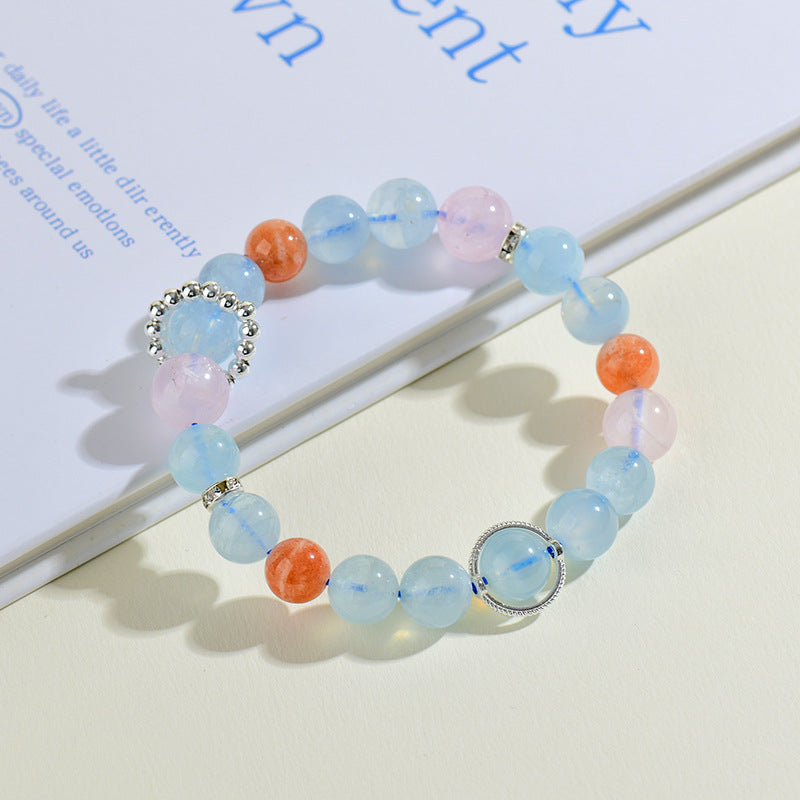 Natural Aquamarine Pink Crystal Sunstone Cancer Zodiac Bracelet | Spiritual Healing & Fashion Elegance