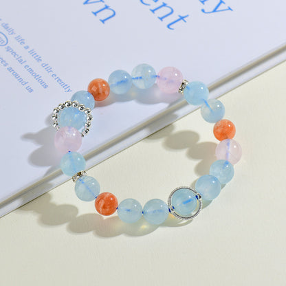 Natural Aquamarine Pink Crystal Sunstone Cancer Zodiac Bracelet | Spiritual Healing & Fashion Elegance