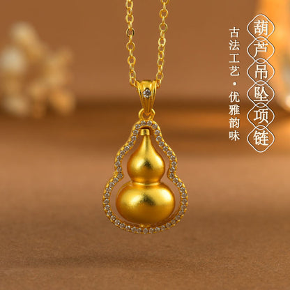 Golden Rotating Gourd Pendant Necklace - Wealth & Fortune Chinese Style Jewelry