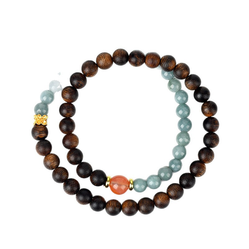 Vietnam Nha Trang Agarwood Blue Jade Double Circle Bracelet - Buddhist Beads for Harmony and Protection