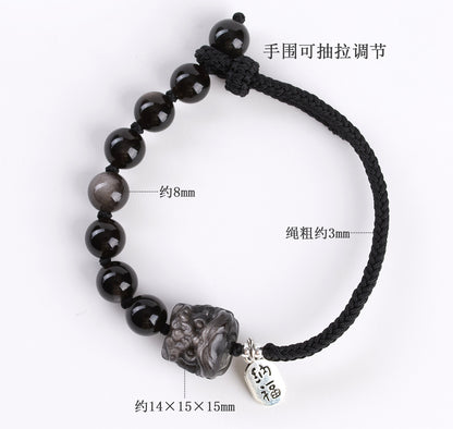 Silver Obsidian Lion Awakening Handwoven Bracelet - Courage Protection Amulet
