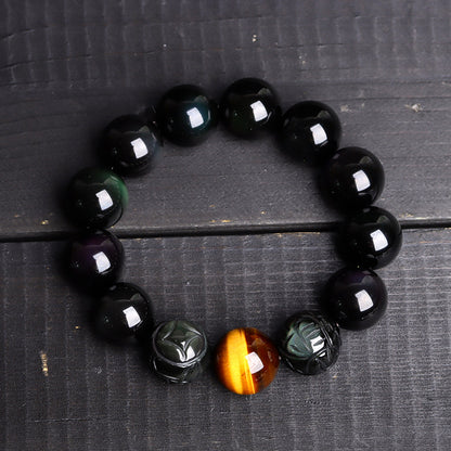 Natural Obsidian Gold-Swallowing Pixiu Double Color Tiger Eye Stone Bracelet for Wealth & Protection