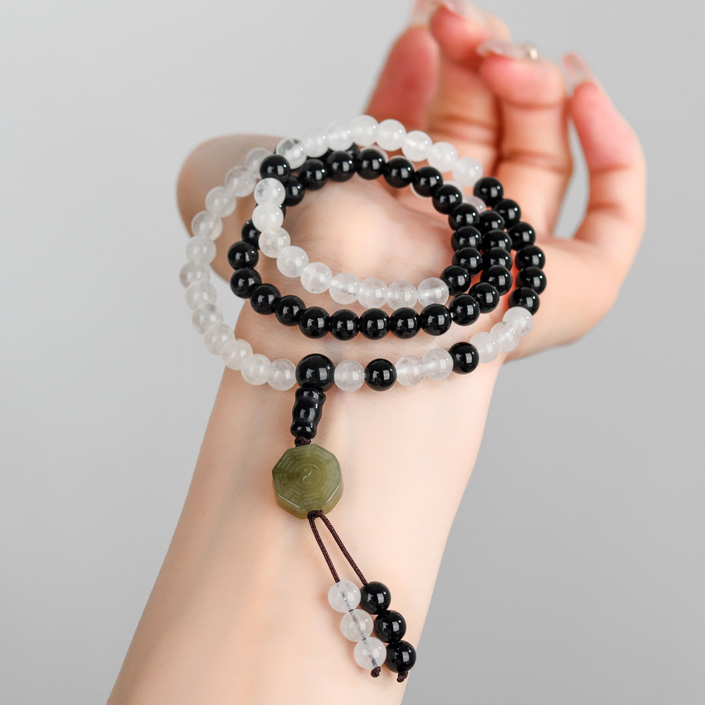 Tai Chi Bagua Flowing Bead Bracelet with White Agate and Black Obsidian | Spiritual Protection Balance