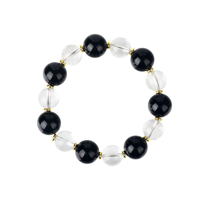 Natural White Crystal and Black Obsidian Single Circle Bracelet - Unisex Spiritual Protection Jewelry
