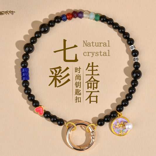 Natural Black Tourmaline Rainbow Crystal Keychain - Spiritual Protection & Colorful Life Energy