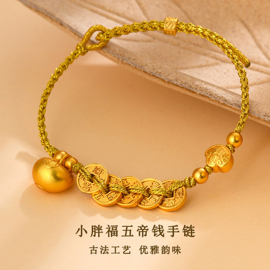 Golden Five Emperors Coin Bracelet with Little Fat Fu Charm - Wealth and Protection Talisman
