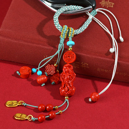 Natural Imperial Red Cinnabar Pixiu Keychain - Wealth Attracting Handwoven Amulet