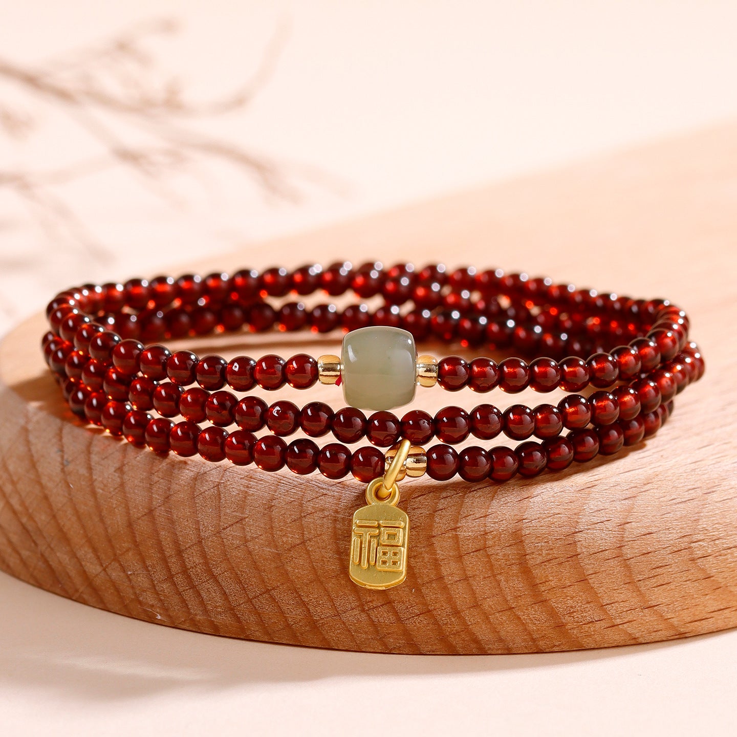Natural Crystal Garnet Rose Quartz Hetian Jade Three-Circle Bracelet | Wealth Love Protection Talisman
