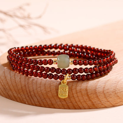 Natural Crystal Garnet Rose Quartz Hetian Jade Three-Circle Bracelet | Wealth Love Protection Talisman