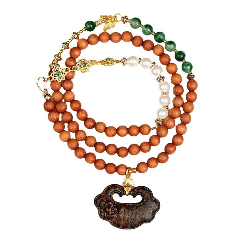 Sandalwood Agarwood Ruyi Pendant Necklace | Zen Buddhist Beads for Spiritual Harmony