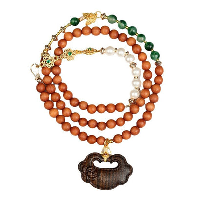 Sandalwood Agarwood Ruyi Pendant Necklace | Zen Buddhist Beads for Spiritual Harmony