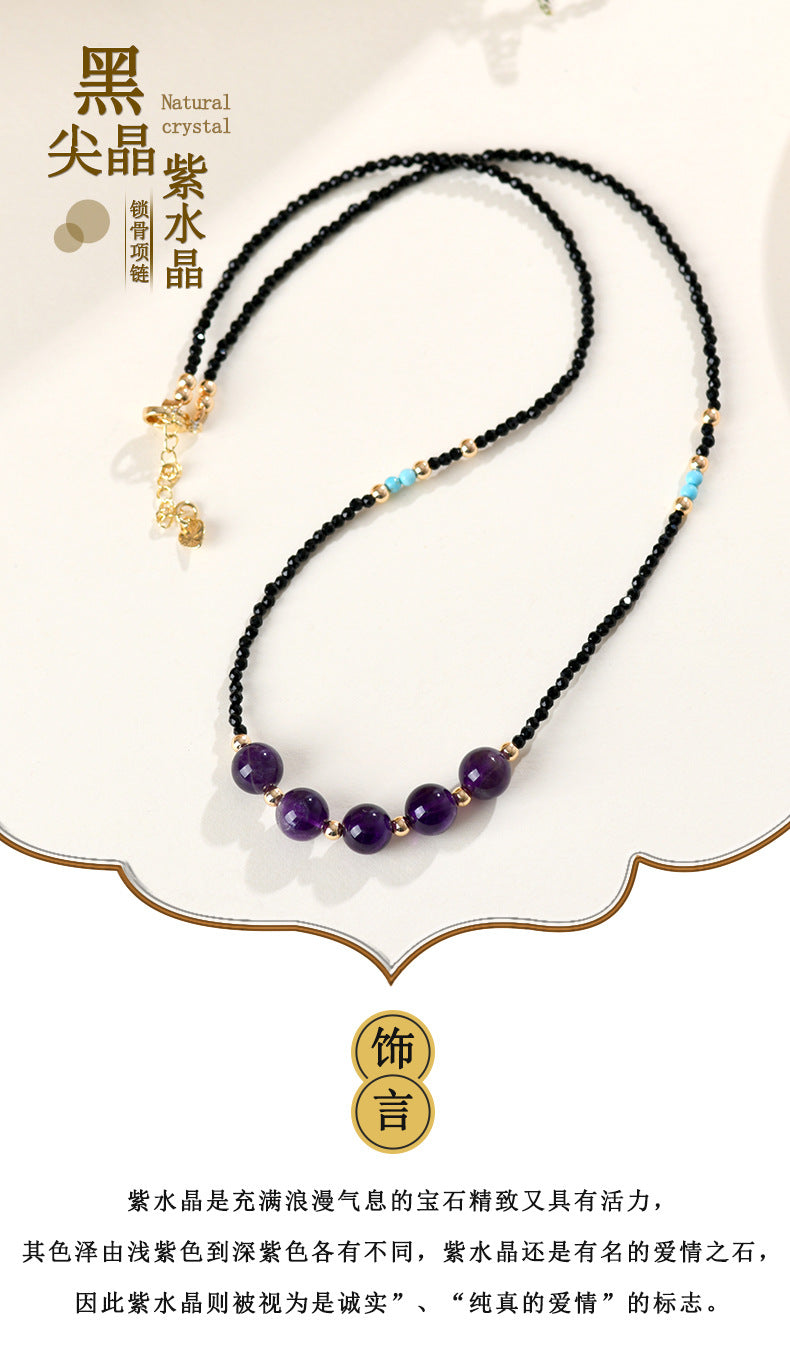 Natural Black Spinel Amethyst Collarbone Necklace Adjustable Original Design Women's New Internet Hot Necklace