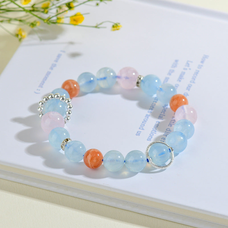 Natural Aquamarine Pink Crystal Sunstone Cancer Zodiac Bracelet | Spiritual Healing & Fashion Elegance