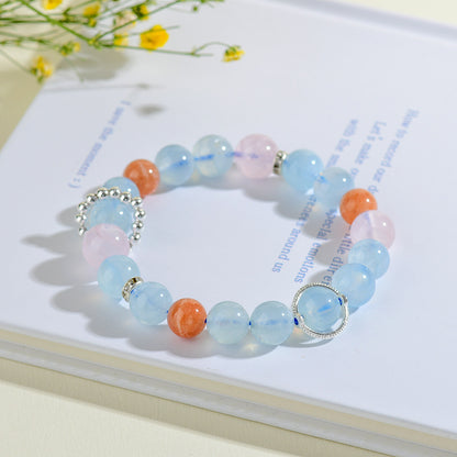 Natural Aquamarine Pink Crystal Sunstone Cancer Zodiac Bracelet | Spiritual Healing & Fashion Elegance