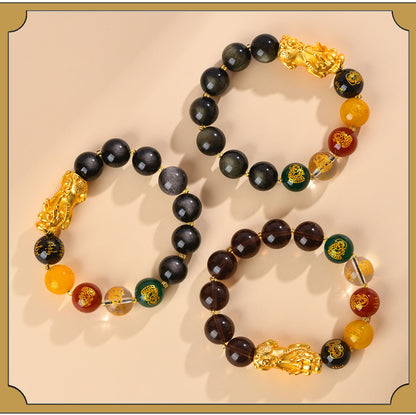 Natural Ice Obsidian Five-Way Wealth God Pixiu Bracelet for Zodiac Year Fortune