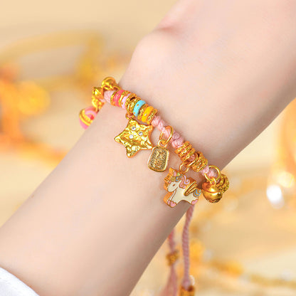Golden Hammered Star Unicorn Coiled Braided Bracelet with Pink Tibetan Style