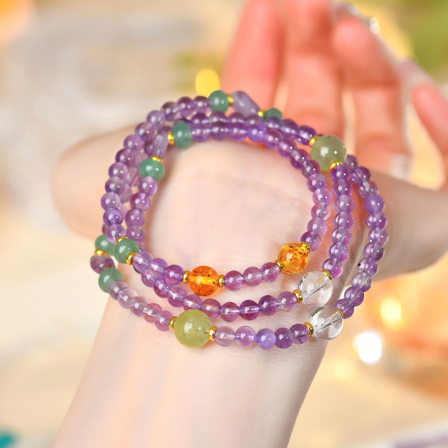 Natural Purple Prehnite Three-Circle Bracelet | Chinese Style Spiritual Energy Jewelry