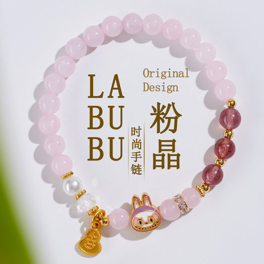 Natural Rose Strawberry Quartz LABUBU Charm Bracelet for Love and Harmony