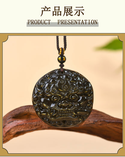 Golden Obsidian Bagua Pixiu Pendant Necklace - Spiritual Protection & Wealth