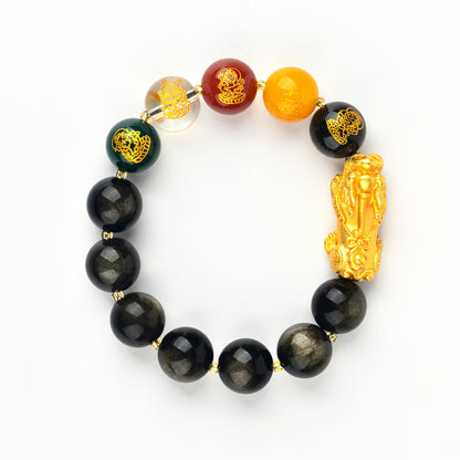 Natural Ice Obsidian Five-Way Wealth God Pixiu Bracelet for Zodiac Year Fortune