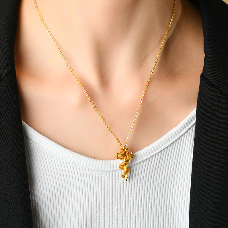 Golden Snake Scepter Pendant Necklace - Chinese Zodiac Snake Year Blessing Chain