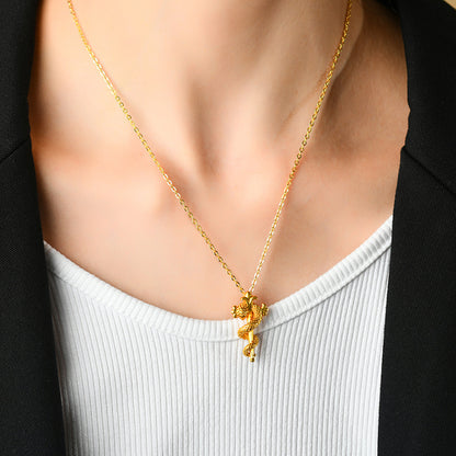 Golden Snake Scepter Pendant Necklace - Chinese Zodiac Snake Year Blessing Chain