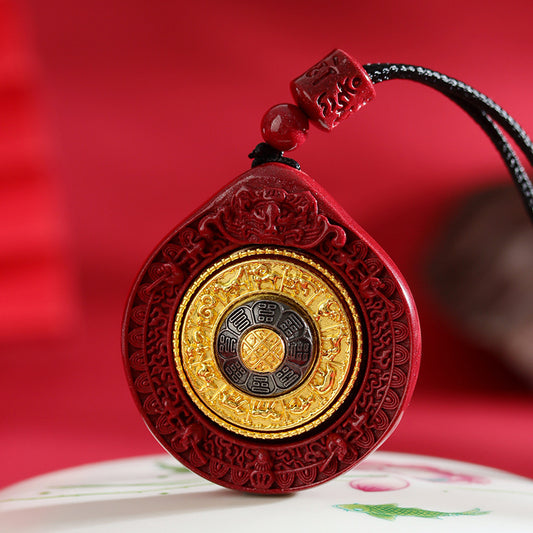 Natural Cinnabar Nine Palaces Eight Diagrams Rotatable Pendant - Tibetan Spiritual Amulet for Protection