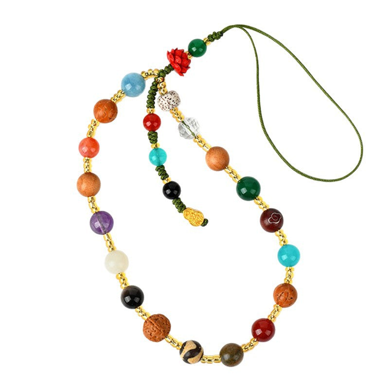 Multi-Treasure Crystal Agate Sandalwood Bodhi Phone Chain with S925 Silver Gourd Pendant