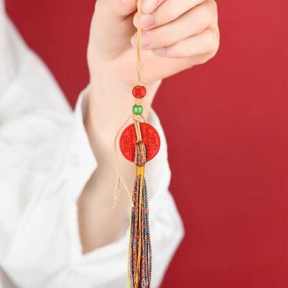 Natural Cinnabar Mountain Ghost Flower Pendant with Tibetan Woven Tassel - Spiritual Protection Bag Charm