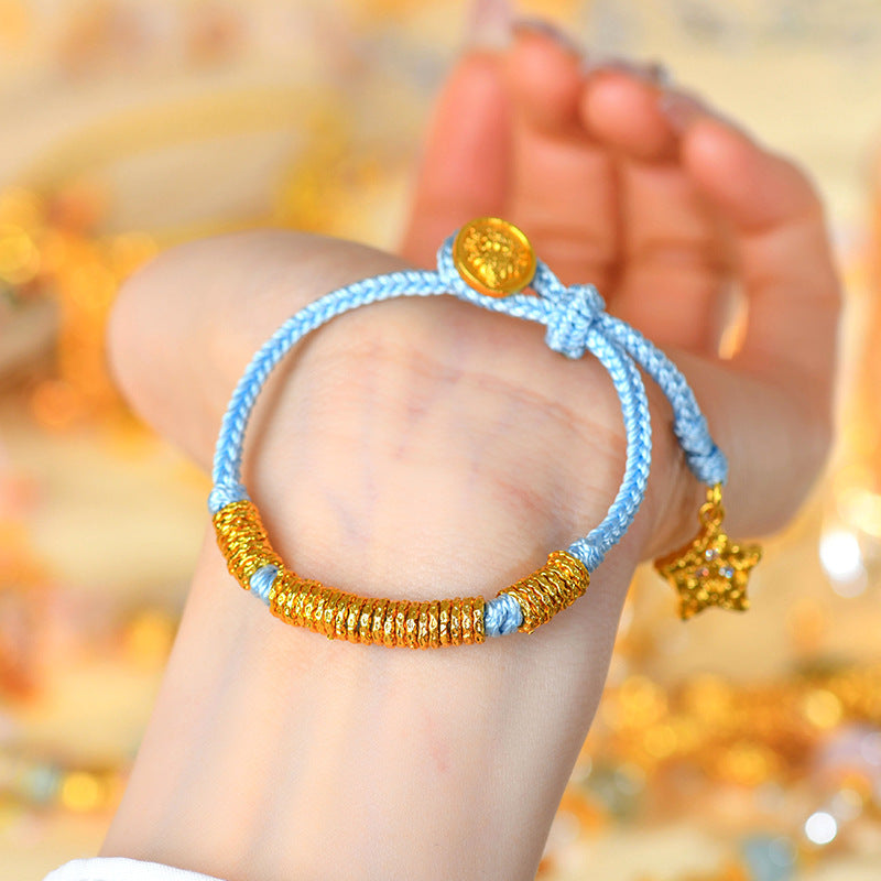 Golden Hammered Star Braided Bracelet | Ancient Craftsmanship Unisex Celestial Protection Jewelry
