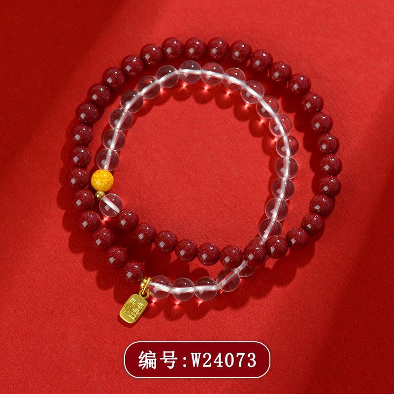 Natural Cinnabar Purple Gold Sand White Crystal Double Circle Buddhist Bead Bracelet for Women