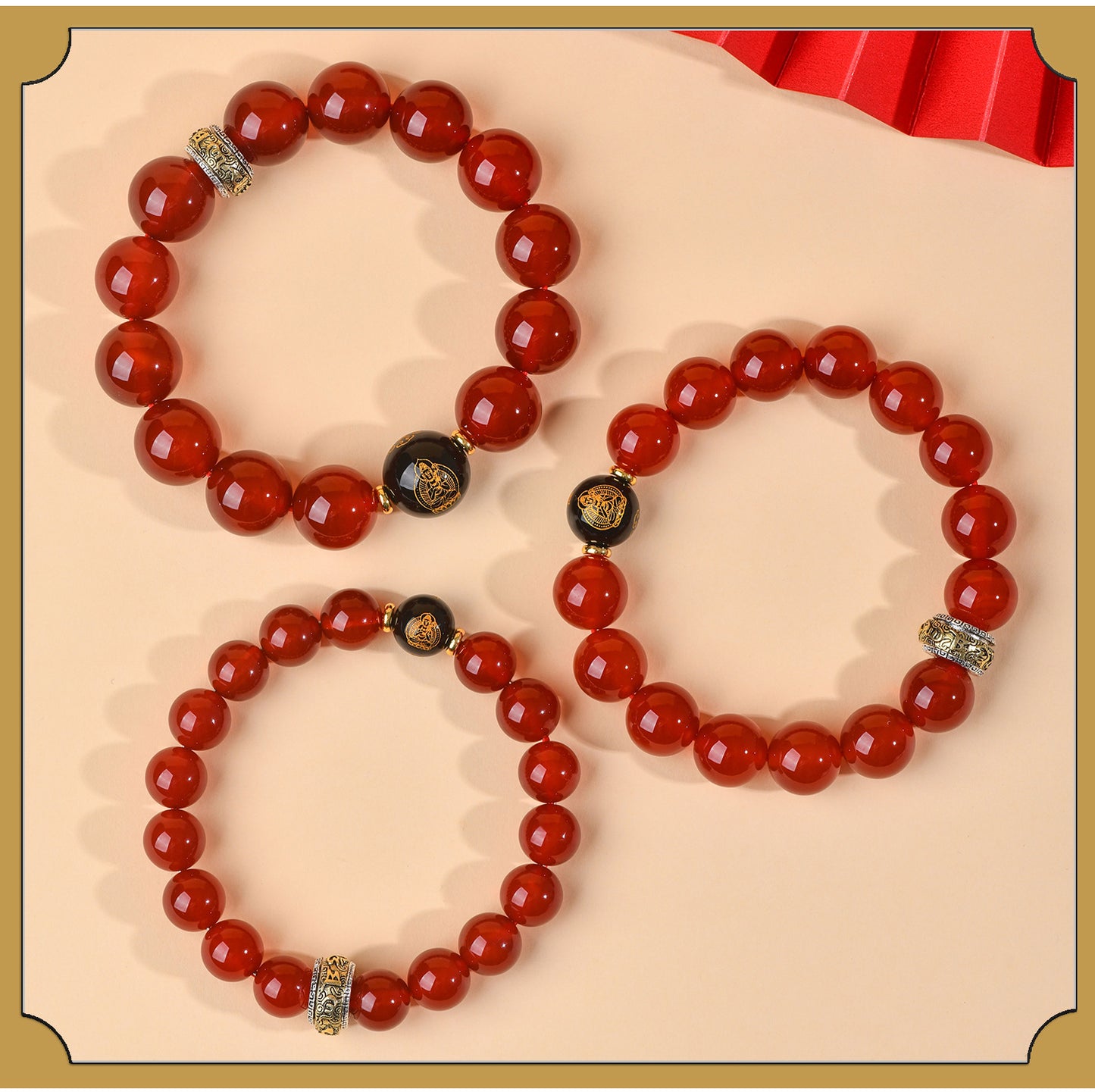 Natural Red Agate Zodiac Birth Buddha Six-Word Mantra Couple Bracelet for Birth Year Blessings