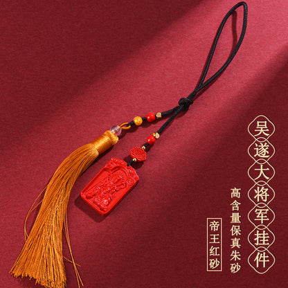 Natural Cinnabar Wu Sui General Car Hanging Ornament – Protection and Fortune Charm