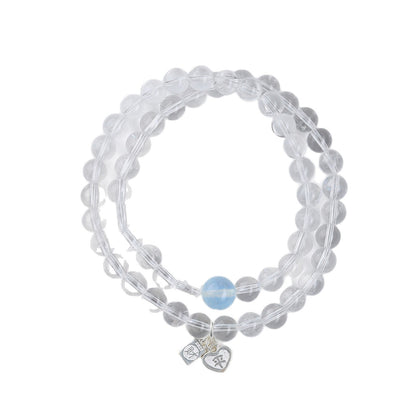 White Crystal Aquamarine Double Circle Bracelet - S925 Silver Chinese Style Elegance