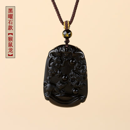 Natural Ice Obsidian Zodiac Triad Pendant Necklace｜Birth Year Protection & Harmony