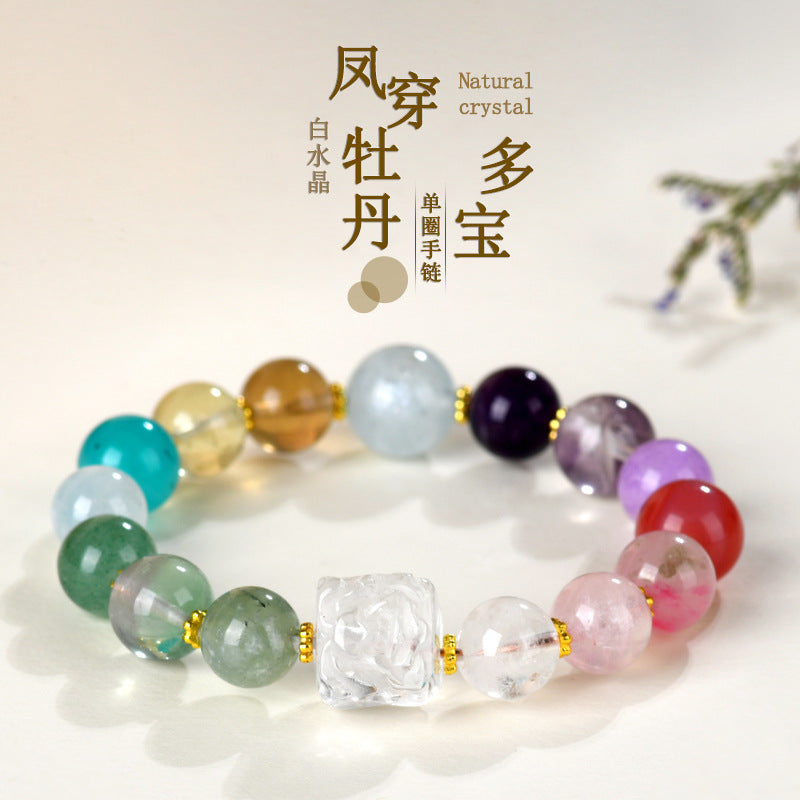 Natural White Crystal Phoenix Peony Multi-Gem Bracelet - Colorful Macaron Design for Women