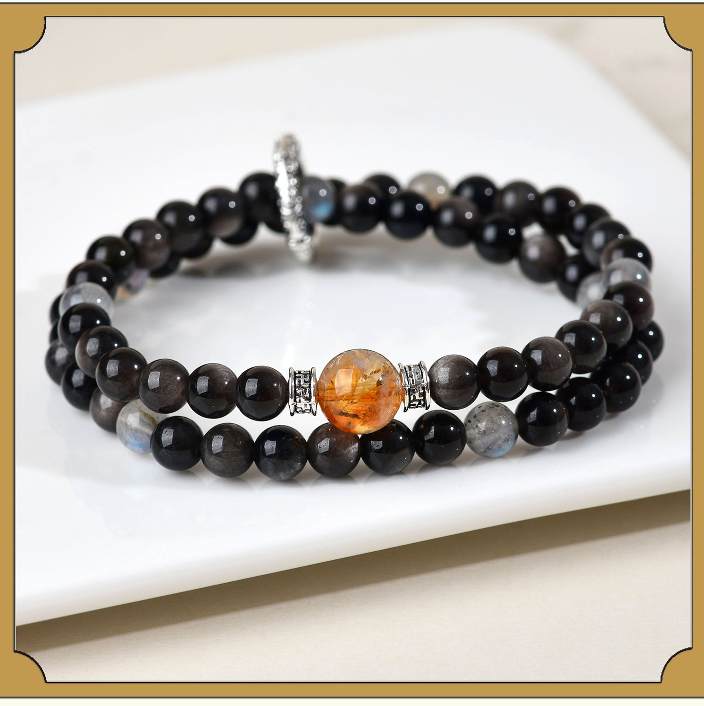 Natural Silver Obsidian Gray Moonlight Double Circle Bracelet - Spiritual Protection & Energy Balance