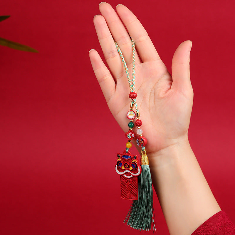 Natural Imperial Red Cinnabar Lion Car Pendant - Mystical Protection Charm