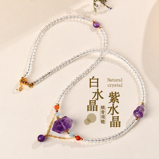 Natural White Crystal Amethyst Fortune Luck Collarbone Necklace | Spiritual Energy Jewelry