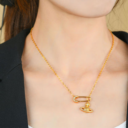 Golden Saturn Pin Necklace | 3D Planet Design Fashion Clavicle Chain